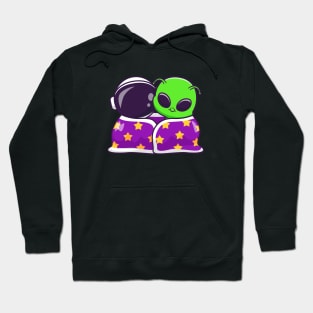 Cute Astronaut And Alien Wearing Blanket Together Cartoon Hoodie